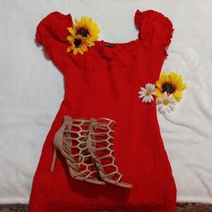 SHEIN: Women's szM.Short Sleeve Cocktail Red Dress.Ruched & Ruffle Detail.